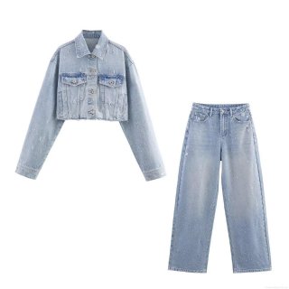 Women's Rhinestone Denim Two Piece Set Long Sleeve Short Jacket and High Waist Straight Leg Pants Light Blue Wash Streetwear Outfits For Women Night Out Party Clubwear