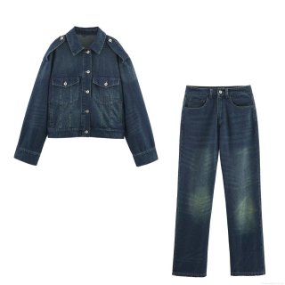 Women's Two Piece Denim Set Cotton Blend Distressed Washed Jacket And Straight Leg Pants Casual Streetwear Fashion Long Sleeve Outfit