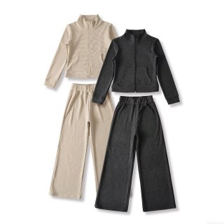 Women's Two Piece Pants Set Ribbed Fleece Lined Striped Sweatshirt And Wide Leg Pants Set Casual Streetwear Autumn Winter Outfit For Women
