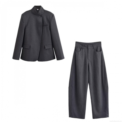 Women 100% Polyester Stand Collar Asymmetrical Single Button Blazer And High Waist Wide Leg Striped Pants Two Piece Set Office Lady Streetwear