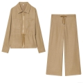 Women's Two Piece Casual Set Solid Khaki Zip Up Lapel Jacket And Drawstring Wide Leg Pants Fall Fashion Streetwear Outfits For Women Daily Wear