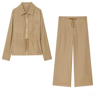 Women's Two Piece Casual Set Solid Khaki Zip Up Lapel Jacket And Drawstring Wide Leg Pants Fall Fashion Streetwear Outfits For Women Daily Wear