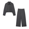 Women's 2 Piece Stripe Outfits Long Sleeve Short Jacket Coat And High Waist Wide Leg Pants Set 100% Polyester Casual Suit Set Streetwear For Women