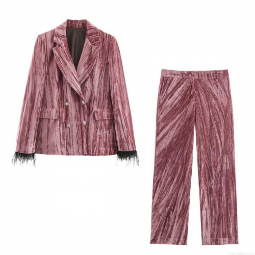 Women's Elegant Embossed Velvet Two Piece Set Black Feather Trim Double Breasted Blazer and High Waist Wide Leg Pants Suit Autumn Winter Streetwear Outfit