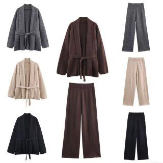 Women's 2 Piece Knit Outfits Sets Long Sleeve Belted Cardigan Coat and Wide Leg Pants Suit Casual Solid Color Knitted Loungewear Streetwear