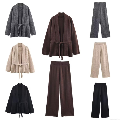 Women's 2 Piece Knit Outfits Sets Long Sleeve Belted Cardigan Coat and Wide Leg Pants Suit Casual Solid Color Knitted Loungewear Streetwear