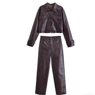 Women's Faux Leather Crocodile Pattern Two Piece Set Retro PU Cropped Jacket And High Waist Straight Pants Streetwear Outfits For Women