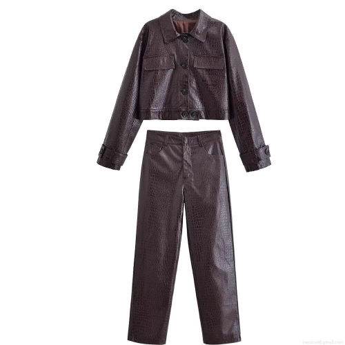 Women's Faux Leather Crocodile Pattern Two Piece Set Retro PU Cropped Jacket And High Waist Straight Pants Streetwear Outfits For Women
