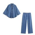 Women's Casual Denim Shirt and Wide Leg Pants Set Loose Long Sleeve V-Neck Regenerated Cellulose Fiber Two-Piece Outfit for Streetwear Daily Wear Women Outfits