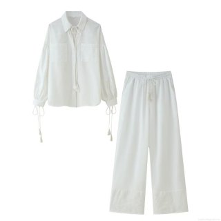 Women's 2 Piece Casual Set Embroidery Long Sleeve Tassel Shirt And Wide Leg Pants Outfits Polyester Bohemian Summer Vacation White Clothing For Women