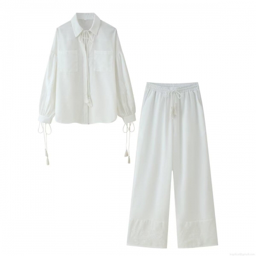 Women's 2 Piece Casual Set Embroidery Long Sleeve Tassel Shirt And Wide Leg Pants Outfits Polyester Bohemian Summer Vacation White Clothing For Women