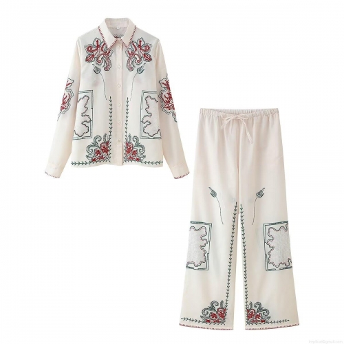 Women's Embroidery Long Sleeve Button Down Shirt And High Waist Wide Leg Pants Set Polyester Blend Casual Bohemian Floral 2-Piece Suits For Women