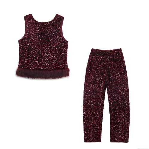 Women Luxury Burgundy Sequin Two Piece Set Faux Fur Hem Sleeveless Top And High Waist Sequined Long Pants Elegant Night Out Party Evening Outfit