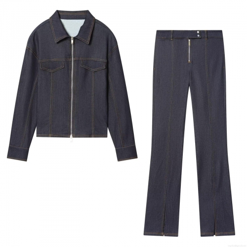 Women's Casual Dark Blue Denim Set Zipper Up Jacket and High Waist Slit Hem Pants Cotton Blend Spandex Fashion Two Piece Outfit For Winter