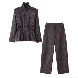 Women Fashion Checkered Two Piece Set Plaid Waist Tie Woolen Jacket And Wide Leg Trousers Commute Office Style Winter Outfits For Women