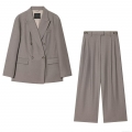 Women Elegant Double Breasted Blazer High Waist Wide Leg Trousers Suit Set Office Commute Woven Polyester Spandex Solid Gray Two Piece Outfit for Ladies