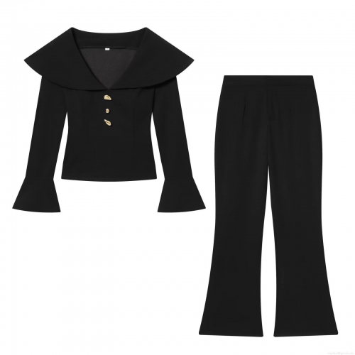 Women's Elegant Two Piece Pants Set V Neck Long Sleeve Flare Sleeve Top With Golden Buttons High Waist Flare Trousers Fashion Office Commute Suit
