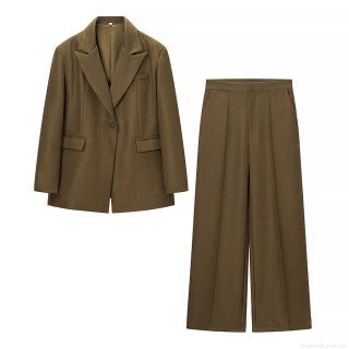 Elegant Women Single Button Blazer And High Waist Wide Leg Pants Set Professional Office Commute Suit Solid Color Two Piece Trousers Set