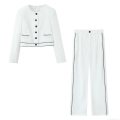 Elegant Women's 2 Piece Suit Set Contrast Trim Round Neck Short Blazer Jacket and High Waist Straight Leg Trousers Commute Office Wear Polyester Spandex Outfit