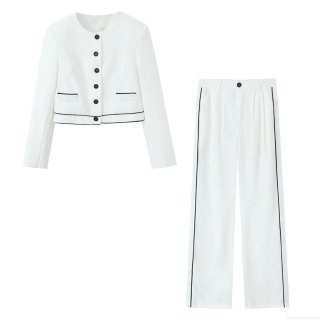 Elegant Women's 2 Piece Suit Set Contrast Trim Round Neck Short Blazer Jacket and High Waist Straight Leg Trousers Commute Office Wear Polyester Spandex Outfit