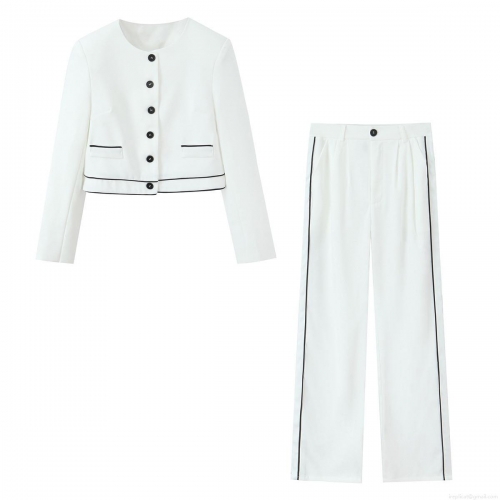 Elegant Women's 2 Piece Suit Set Contrast Trim Round Neck Short Blazer Jacket and High Waist Straight Leg Trousers Commute Office Wear Polyester Spandex Outfit