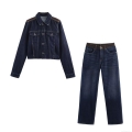 Women's Retro Casual Denim Jacket and Trousers Set Patchwork Leather Two-Piece Outfit Contrast Stitching Winter Streetwear Fashion Suit