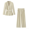 Women's Elegant Office Blazer Pant Set Solid Color Long Sleeve V-Neck Suit With Waist Belt Straight Leg Trousers Two Piece Outfits For Women