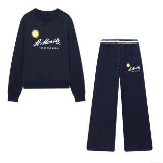 Women's Two Piece Casual Tracksuit 85% Cotton Fleece Round Neck Sweatshirt and Wide Leg Pants St. Moritz Print Winter Athleisure Lounge Set