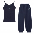Women's Navy Blue Cotton Blend Casual Piece New York Letter Print Ribbed Cami Zip Up Hoodie Or Jogger Pants Sporty Versatile Apparel For Autumn Winter