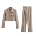 Women's Casual Solid Color Long Sleeve Button Crop Jacket And High Waist Wide Leg Trousers Suit Fashion Modern Polyester Office Wear Outfit