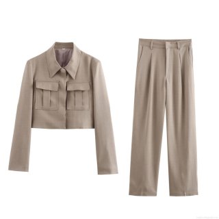 Women's Casual Solid Color Long Sleeve Button Crop Jacket And High Waist Wide Leg Trousers Suit Fashion Modern Polyester Office Wear Outfit