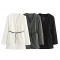 Women's Elegant Office Suit Set Long Sleeve Collarless Blazer with Belt and High Waist Straight Leg Pants Solid Color Commute Outfit Polyester Spandex