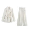 Women's Elegant Two Piece Blazer Set Solid White Polyester Spandex Blend Tie Waist Long Sleeve Jacket And High Waist Wide Leg Trousers For Office Commuting