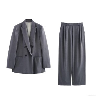 Women's Elegant Double Breasted Padded Shoulder Blazer and Wide Leg Pants Set Professional Office Business Suits Commuter Formal Two Piece Outfit