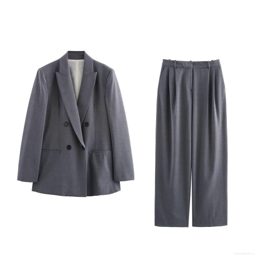 Women's Elegant Double Breasted Padded Shoulder Blazer and Wide Leg Pants Set Professional Office Business Suits Commuter Formal Two Piece Outfit
