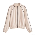 Women's Casual Two Piece Sport Suit Polyester Spandex Blend Zip-up Stand Collar Jacket and Contrast Side Stripe Wide Leg Pants Set for Daily Loungewear
