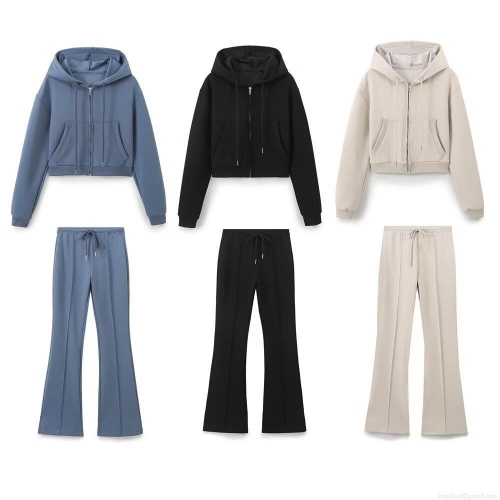 Women Casual Cotton Blend Set Cropped Zipper Hoodie And High Waist Flare Pants Sporty Ribbed Knit Outfit For Daily Spring
