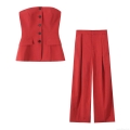 Women Sexy Solid Color Bandeau Top And High Waist Wide Leg Trousers Two Piece Set Fashion Button Front Sleeveless Streetwear Outfits For Women Party Clubwear