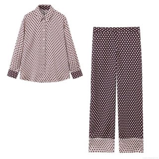 Women's Vintage Geometric Print Satin Texture Two Piece Set Casual Long Sleeve Button Up Shirt and Wide Leg Pants Fashion Loungewear Co-ords
