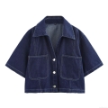Women Sexy Dark Blue Denim Two Piece Set Short Sleeve Shirt Top And High Waist Skirt Pants With Contrast Stitching Cotton Blend Fashion Summer Outfit For Women