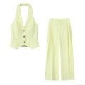 Women's Halter Neck Sleeveless Vest And Wide Leg Pants Two-Piece Set Solid Color Polyester Spandex Casual Fashion Summer Outfit For Ladies