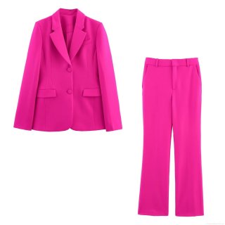 Women's Elegant Fuchsia Two Piece Pantsuit Slim Fit Notch Lapel Blazer and Flared Trousers Set Polyester Spandex Business Casual Suit for Office Party
