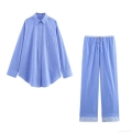 Women's Striped Two Piece Casual Set Long Sleeve Button Down Shirt And Drawstring Wide Leg Pants Polyester Spandex Blend Loungewear For Ladies Office Commuter Loose Fit Outfit