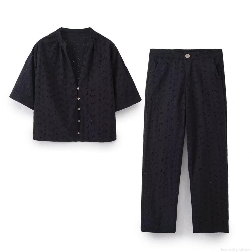 Women Black Eyelet Embroidery Cotton Blend Set Casual Short Sleeve V-Neck Shirt And Straight Leg Pants Summer Fashion Hollow Out Top And Trousers For Women