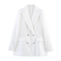 Elegant White Jacquard Blazer and Wide Leg Pants Two Piece Set Women's Summer Double Breasted Suit With Silver Buttons Office Lady Commute Formal Outfits