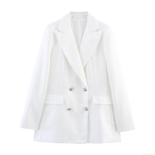 Elegant White Jacquard Blazer and Wide Leg Pants Two Piece Set Women's Summer Double Breasted Suit With Silver Buttons Office Lady Commute Formal Outfits