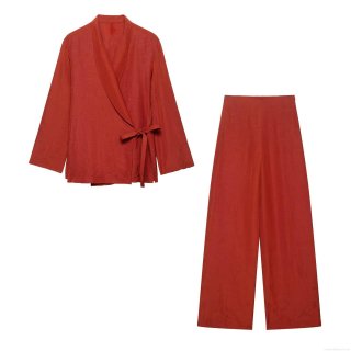 Women's 2-Piece Set 100% Polyester Linen Texture Kimono Tie-Front Long Sleeve Shirt And Wide Leg Pants Set Terracotta Casual Loose Summer Outfit For Women