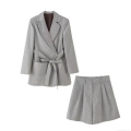 Women Chic Houndstooth Plaid 100% Polyester Belted Blazer Jacket And High Waist Shorts Set Office Commuter Summer Elegant Suit For Lady