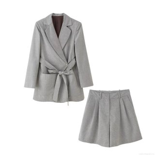 Women Chic Houndstooth Plaid 100% Polyester Belted Blazer Jacket And High Waist Shorts Set Office Commuter Summer Elegant Suit For Lady