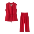 Women Fashion V-Neck Sleeveless Vest And High Waist Wide Leg Pants Two-Piece Suit Set Solid Color Polyester Commuter Office Wear Lady Set With Belt